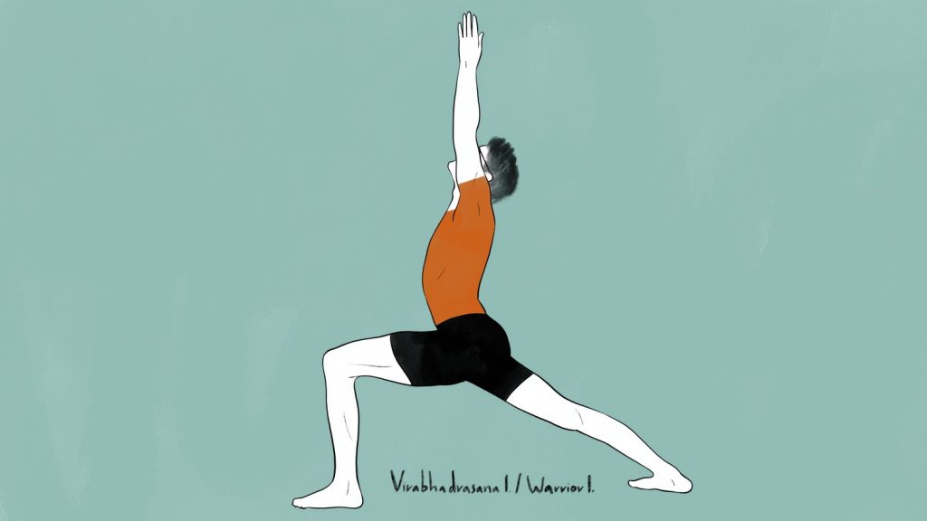 illustration of stephen doing virabhadrasana 1 warrior 1 pose